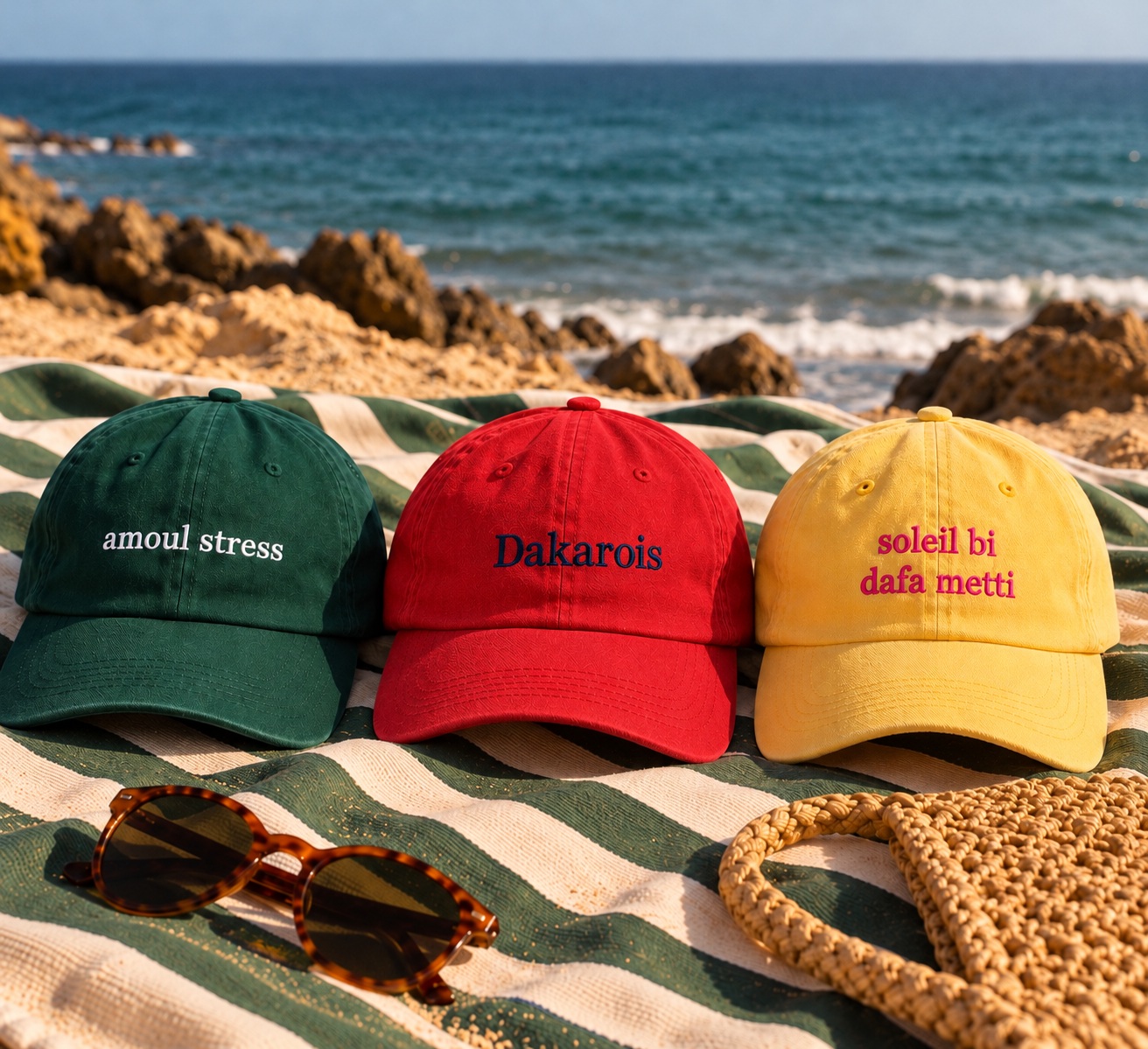 Casquettes terreAnga Amoul stress verte, Dakarois rouge à broderie bleue et Soleil bi jaune face à l’océan
